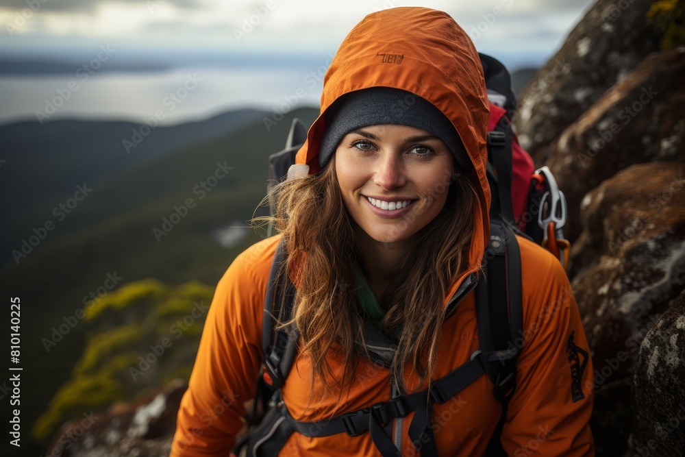 Smiling hiker in orange jacket on mountain trail Smiling hiker in orange jacket on mountain trail