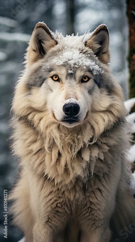 Majestic snow-covered wolf in the winter forest