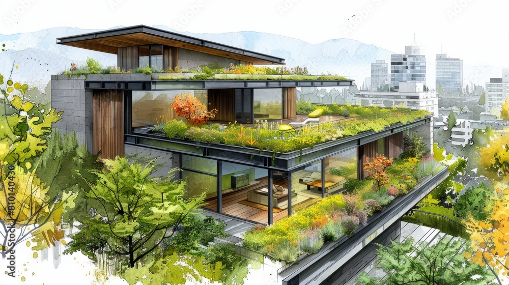 A large house with a green roof and a balcony. The house is surrounded by trees and has a view of the city
