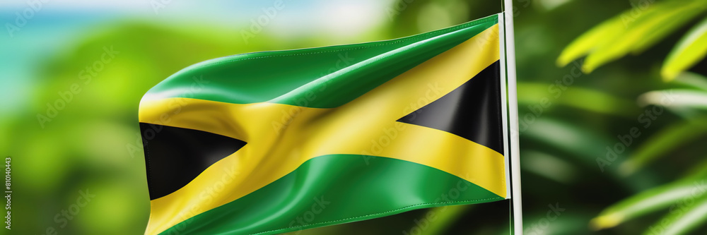 The waving flag of Jamaica against the background of the nature of Jamaica. Jamaica's Independence Day The waving flag of Jamaica against the background of the nature of Jamaica. Jamaica's Independence Day
