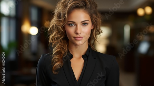 elegant woman with curly hair in black suit