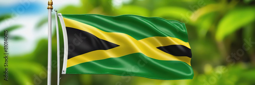 The waving flag of Jamaica against the background of the nature of Jamaica. Jamaica's Independence Day