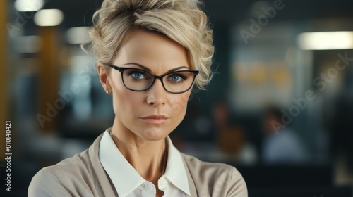 Confident woman with glasses looking serious
