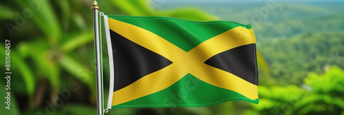 The waving flag of Jamaica against the background of the nature of Jamaica. Jamaica's Independence Day