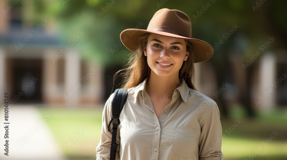 Smiling woman in safari hat exploring outdoors
