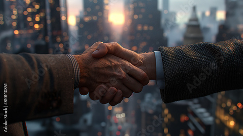 Two men shaking hands in a city with a sunset in the background