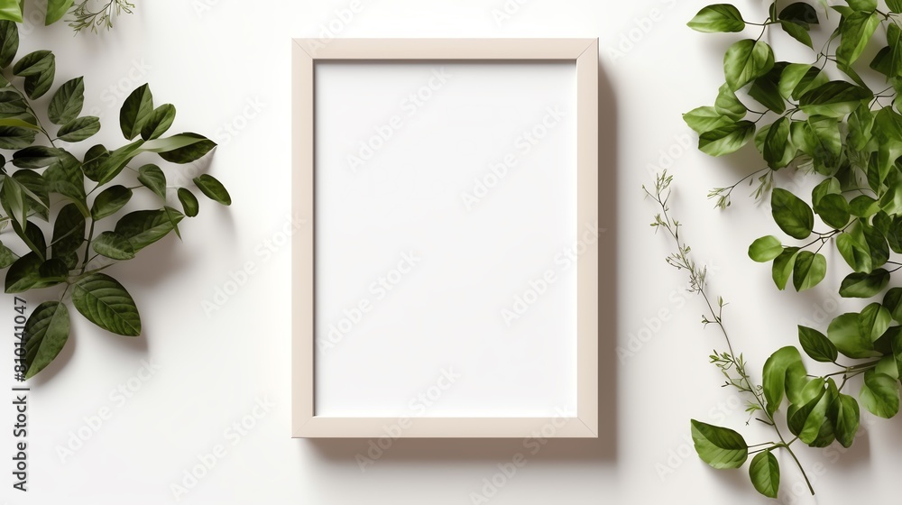 Elegant mockup frame on a white wall, surrounded by lush hanging greenery and potted plants, creating a botanicalthemed decor Elegant mockup frame on a white wall, surrounded by lush hanging greenery and potted plants, creating a botanicalthemed decor