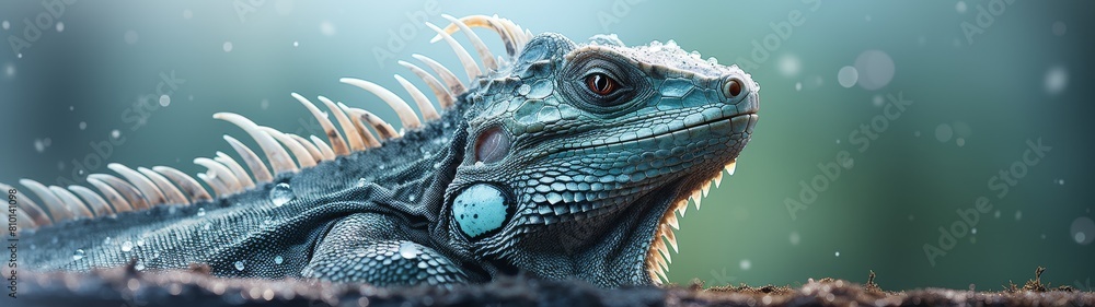 Fototapeta premium Close-up of a colorful iguana in the rain