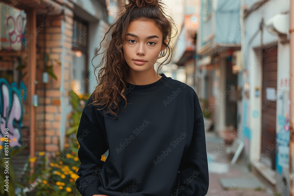 Streetwear, Harajuku urban scene Ethnic woman black crewneck sweater mockup
