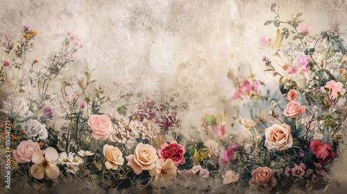 Vintage Floral Wallpaper with Pastel Roses and Wildflowers