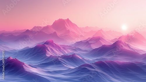Ethereal mountain range in pink hues at sunrise - Digital illustration of a serene mountain landscape bathed in pink light with a subdued sunrise in the distance
