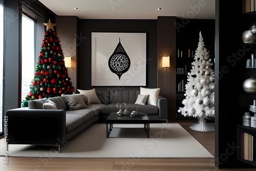 Modern christmas interior. Contemporary interior design living room with christmas ornaments. Photographers own artwork on wall and bookcase. 