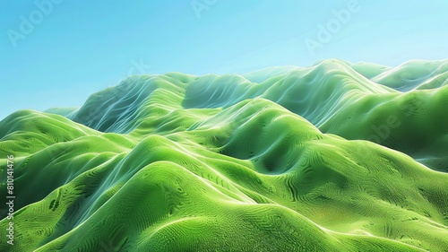 Vibrant green digital rolling hills closeup - Detailed close-up view of digital art showcasing the lush green texture of rolling hills under a clear sky photo