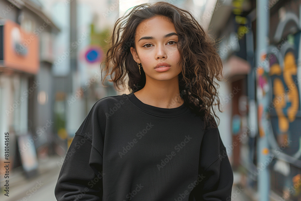 Streetwear urban city scene biracial woman black crewneck sweater mockup Streetwear urban city scene biracial woman black crewneck sweater mockup