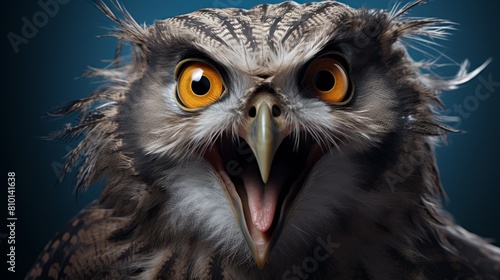 Close-up portrait of a fierce-looking owl with piercing yellow eyes