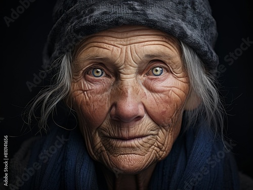 Closeup portrait of an elderly woman with weathered face