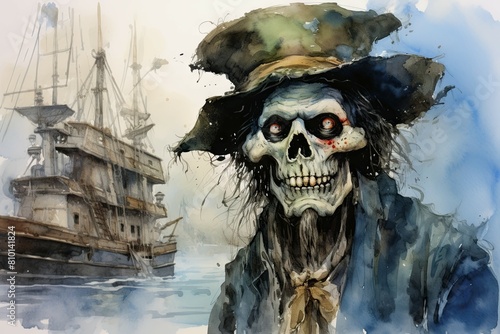 Painting of a pirate ship and captain - This detailed watercolor painting showcases a pirate ship at sea with a captain in a tricorn hat in the foreground photo