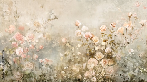 Soft Vintage Floral Mural with Pastel Roses and Wildflowers