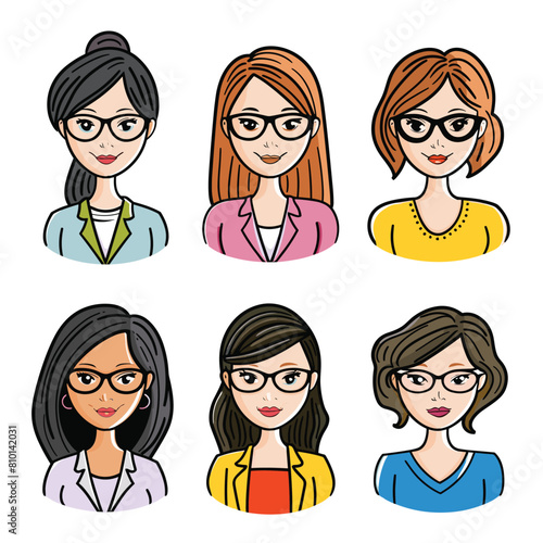 Six different cartoon women display diverse hairstyles, glasses, clothing choices, representing variety female characters. Professional women portrayed stylish eyewear modern work apparel