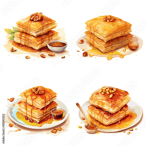 Hand-drawn vector illustrations of baklava with honey, nuts, and syrup. Perfect for bakery menus, dessert branding, food blogs, and Middle Eastern pastry designs.