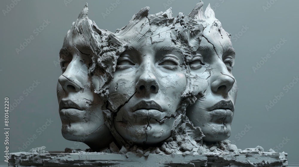 Three faces are carved into a stone sculpture, with one face looking up and the other two looking down. The sculpture conveys a sense of depth and emotion