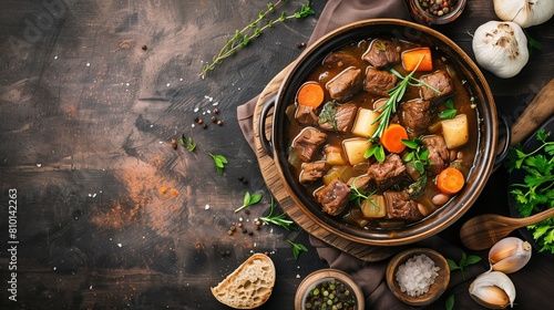 Wallpaper Mural Hearty beef stew on rustic table. Home-cooked meal. Tender beef, potatoes, carrots, herbs in rich sauce Torontodigital.ca