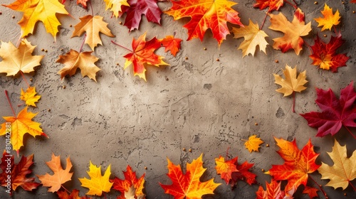   Group of autumn leaves atop cement wall Grungy background wall