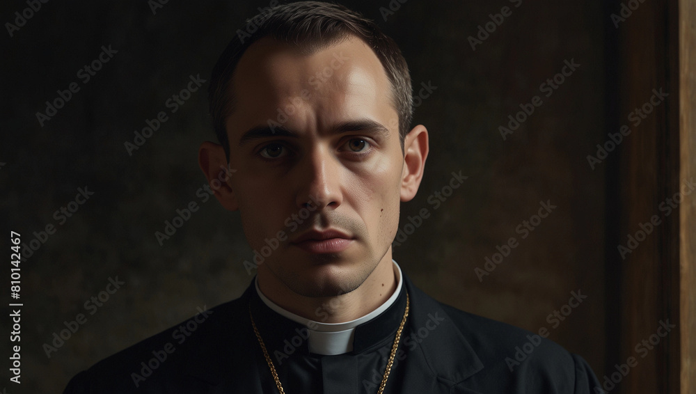 Fototapeta premium Young handsome pastor priest in church smoking cigarette, Generative AI illustration