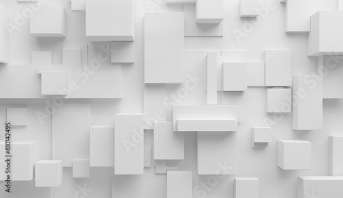 A clean and minimalist design of white 3D blocks with varying depths against a plain background  representing structure and order