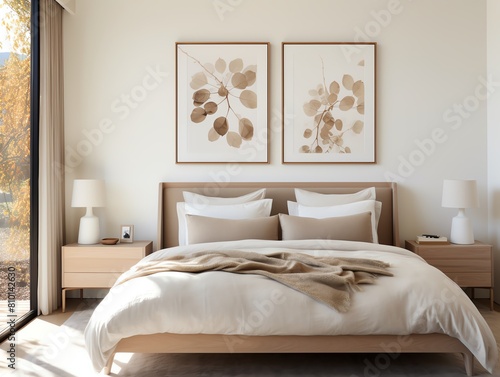 Minimalist bedroom featuring a large frame above the bed, containing a pressed botanical specimen against a neutral backdrop photo