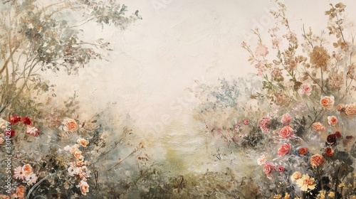 Pastel Vintage Floral Landscape with Soft Roses and Wildflowers
