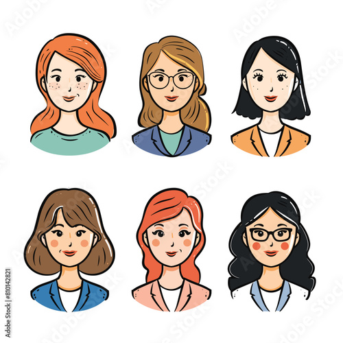 Collection six female characters smiling, different hairstyles, diverse ethnicity. Women cartoon portraits, young adult, casual professional attire, friendly faces. Handdrawn style, colorful, faces