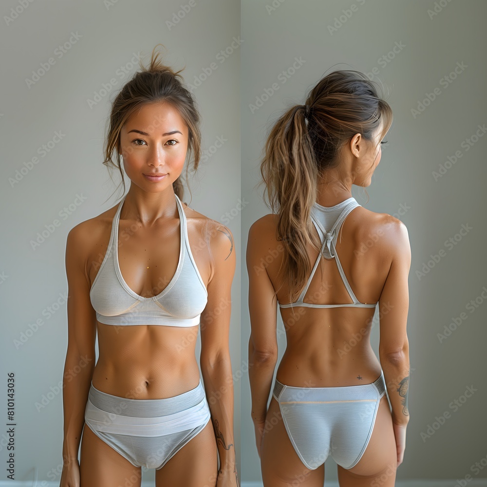 Front and Back Views of a Woman in White Bikini Posing Against a Plain Background. AI. Front and Back Views of a Woman in White Bikini Posing Against a Plain Background. AI.