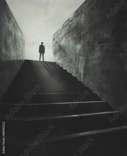 A man stands at the top of an infinite staircase.