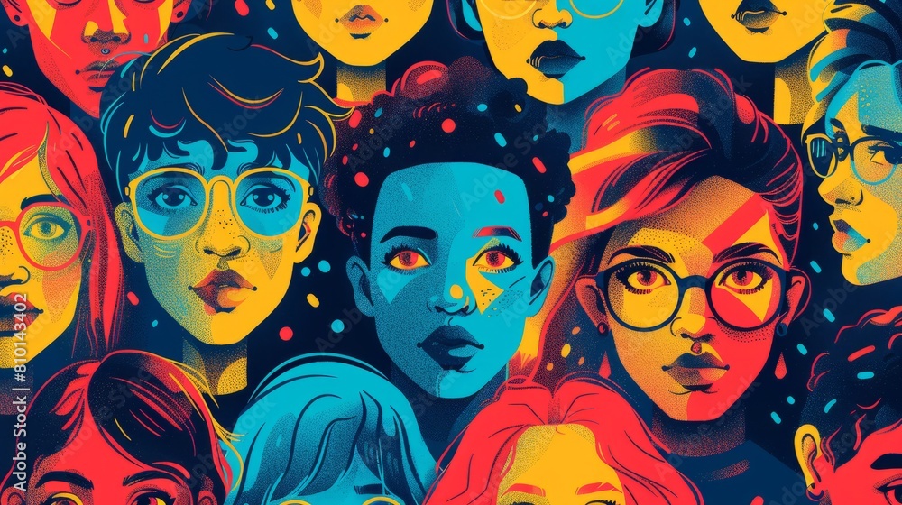 Fototapeta premium A colorful drawing of a group of people with different features and expressions. Scene is lively and cheerful, with the use of bright colors and the variety of facial expressions