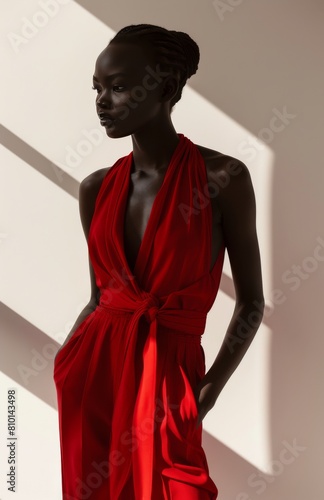 Woman in a Red Dress Standing in a Room
