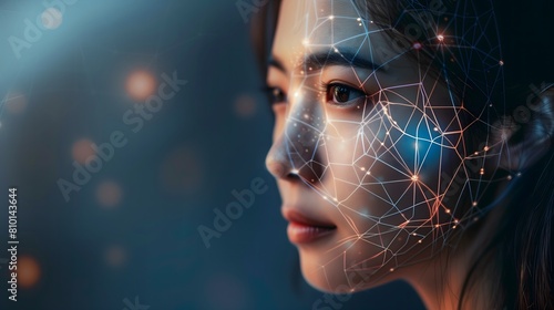 A close-up profile view of a woman as a digital network maps across her face, illustrating the concept of biometric technology and its applications in facial recognition. AI.