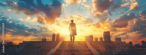 A Chinese businessman wearing hat and stands at the top of steps with skyscrapers, sun light,cloud background