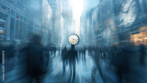 clock in the center of blurry business people walking around on a city street