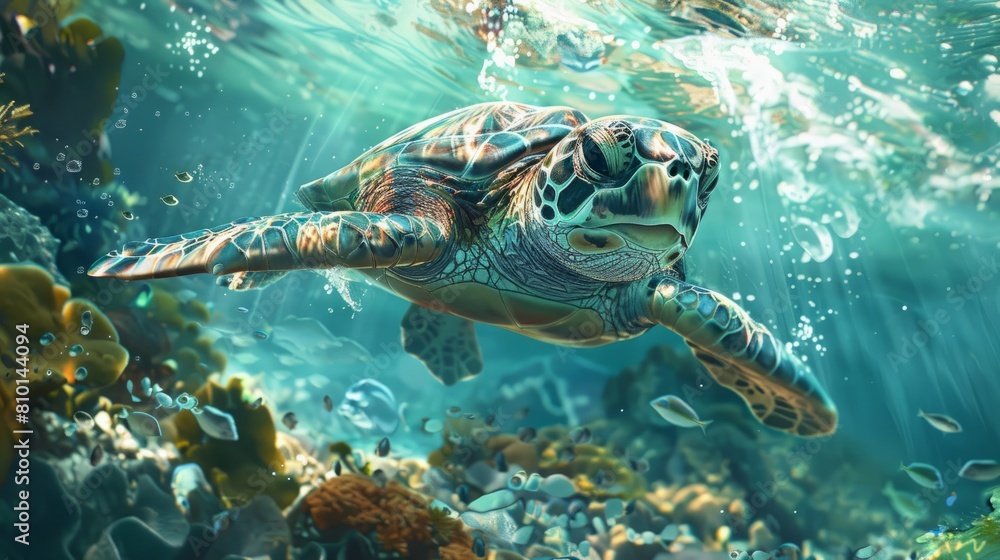 Obraz premium A turtle swimming in the ocean with fish swimming around it