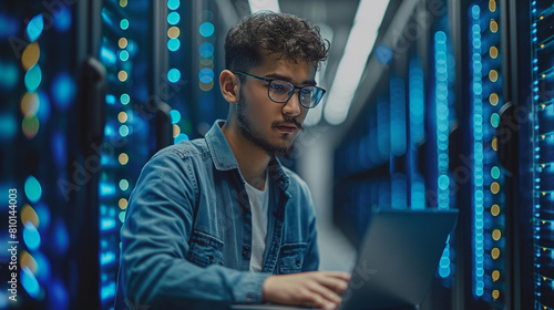 A man is sitting in front of a computer with a laptop open photo