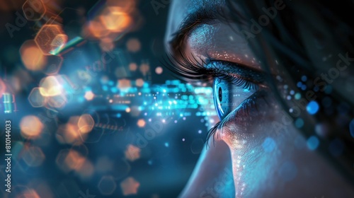 close up of womans eye with glowing data and code flowing on dark blue bokeh background