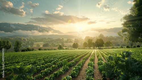 A field of green crops with a bright sun shining on it. The sun is setting in the background  creating a warm and peaceful atmosphere