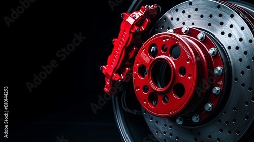 Bright red brake caliper on a deep black backdrop - high-performance vehicle parts