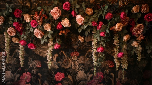 Luxurious Vintage Floral Arrangement with Rich Roses and Hanging Greenery