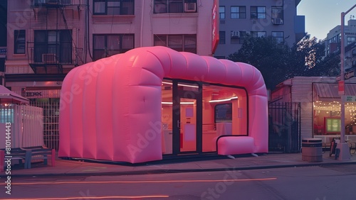 a pink inflatable pop up store with glass windows in the middle of the urban street in the twilight lighting