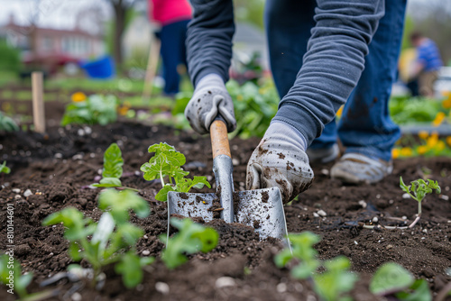 Hands digging hole while gardening with gloves photo