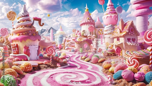3d modeled candyland city with delicious houses and trees in the fantasy world