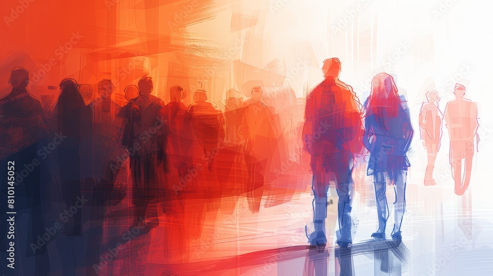 A group of people are walking down a street with a red and blue background. Scene is lively and energetic A group of people are walking down a street with a red and blue background. Scene is lively and energetic