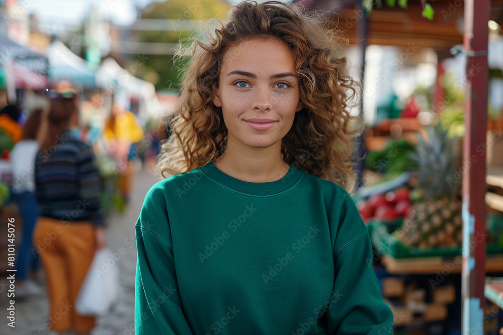 Young biracial woman, wearing a green crewneck sweatshirt at the farmers market, blue eyes with freckles